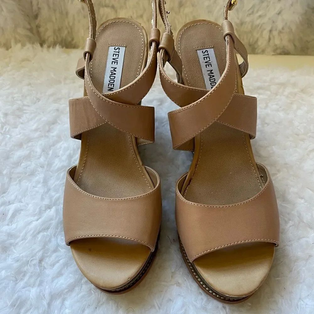 Steve Madden Brenda tan leather straps canvas olive green wedge size 10M